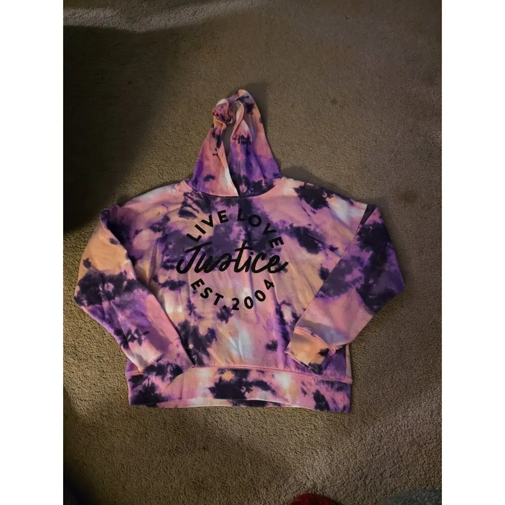 Justice Girls Size Large 12/14 Pink Purple Tie Dye Hooded Pullover Sweatshirt